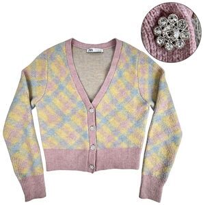 Zara Pastel Argyle Cardigan Womens S Rhinestone Button Preppy Soft Girl Academia